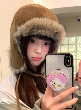 复古麂皮毛绒护耳雷锋帽子女冬季大头围加厚保暖骑行帽防寒套头帽