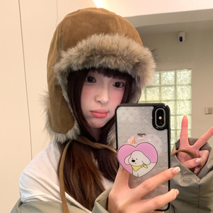复古麂皮毛绒护耳雷锋帽子女冬季大头围加厚保暖骑行帽防寒套头帽