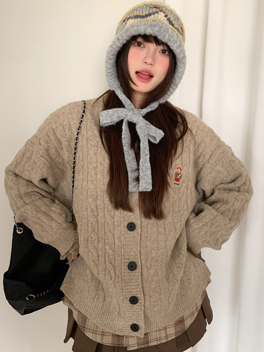 Retro Fair Isle Knitted Balaclava Women's Autumn and Winter Warm and Face-Showing Small Woolen Hat Gray