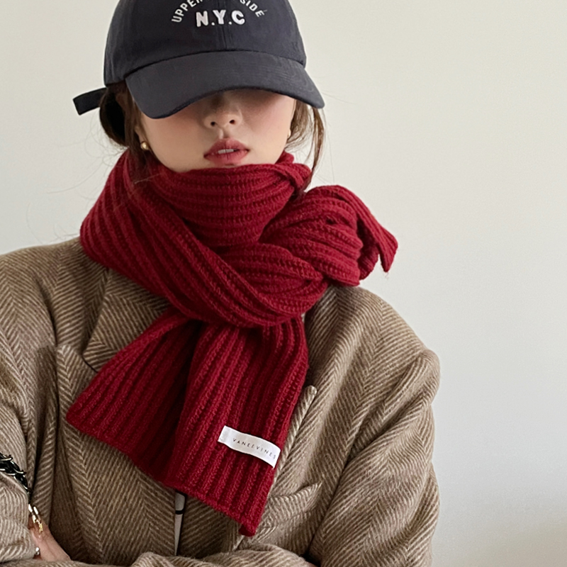 红色针织毛线围巾女生冬季2025新款百搭高级感围脖披肩保暖圣诞节