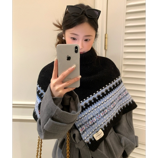 复古费尔岛提花针织披肩围巾女冬季保暖叠穿斗篷高领护颈围脖外搭