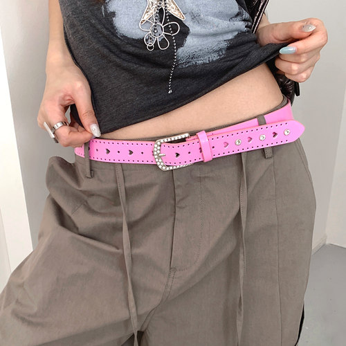 甜酷风Y2K粉色镂空爱心腰带女