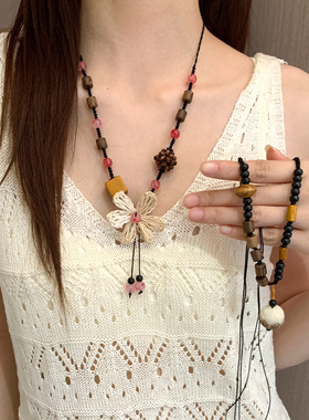 复古新中式串珠花朵抽绳项链女