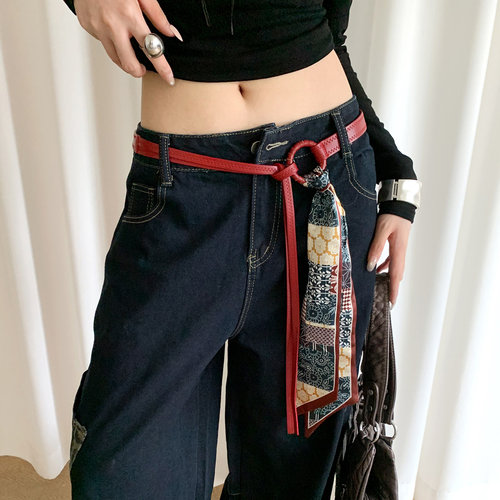 复古高级感咖啡色丝巾腰带