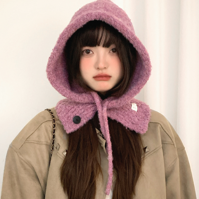 韩系秋冬季大头围帽子围巾一体女