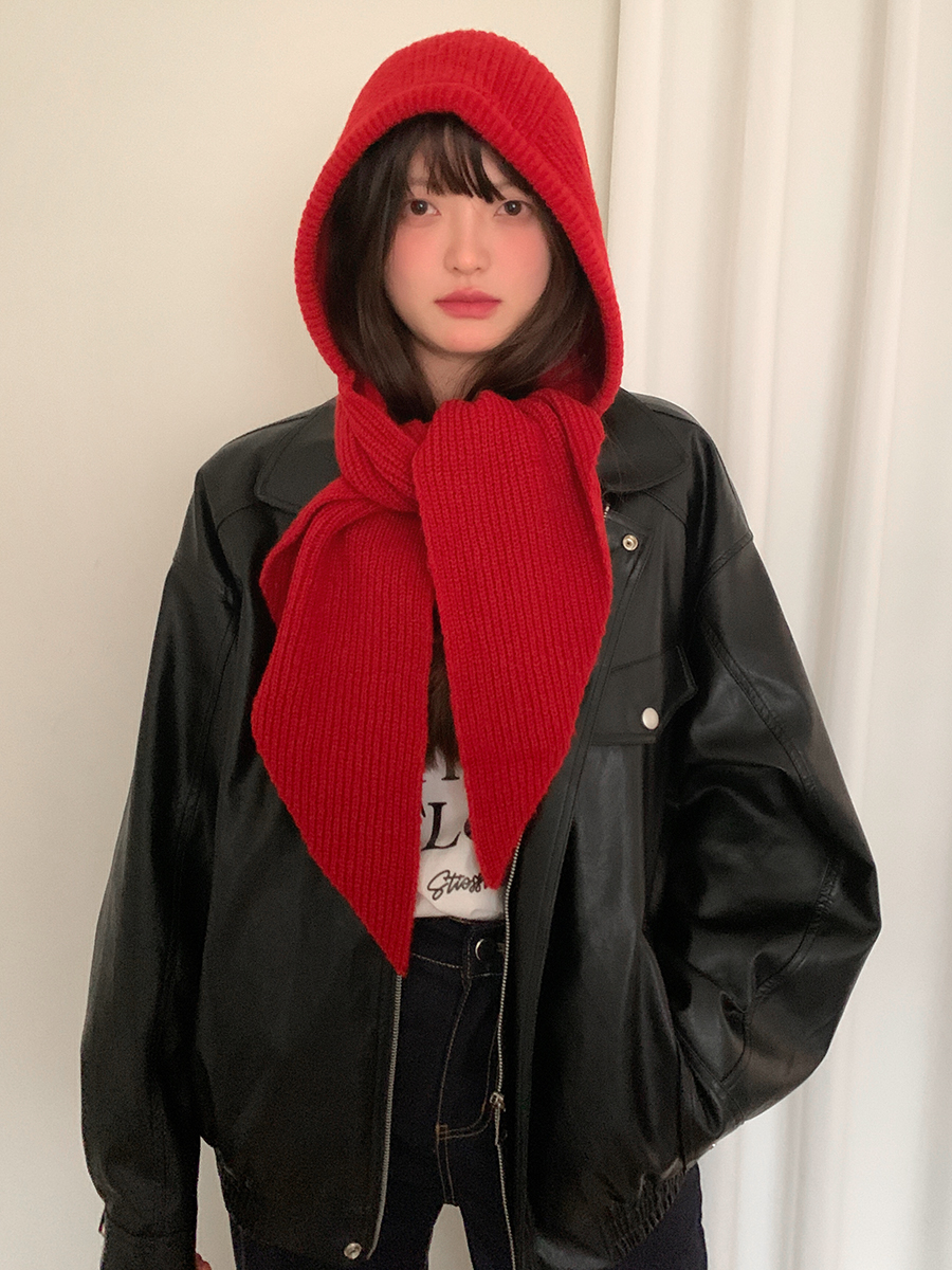 Wool Blend Autumn and Winter Hooded Scarf Integrated Warm Ear-Protecting Fashionable Knit Hat for Women with Neck Warmer Gray