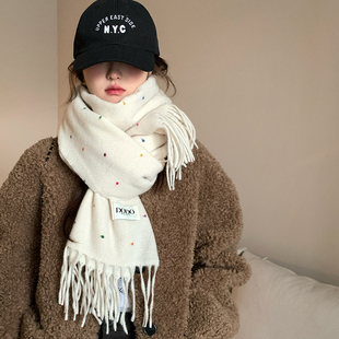 百搭围脖披肩潮 针织保暖韩版 米白色彩虹糖点围巾女2025新款 秋冬季