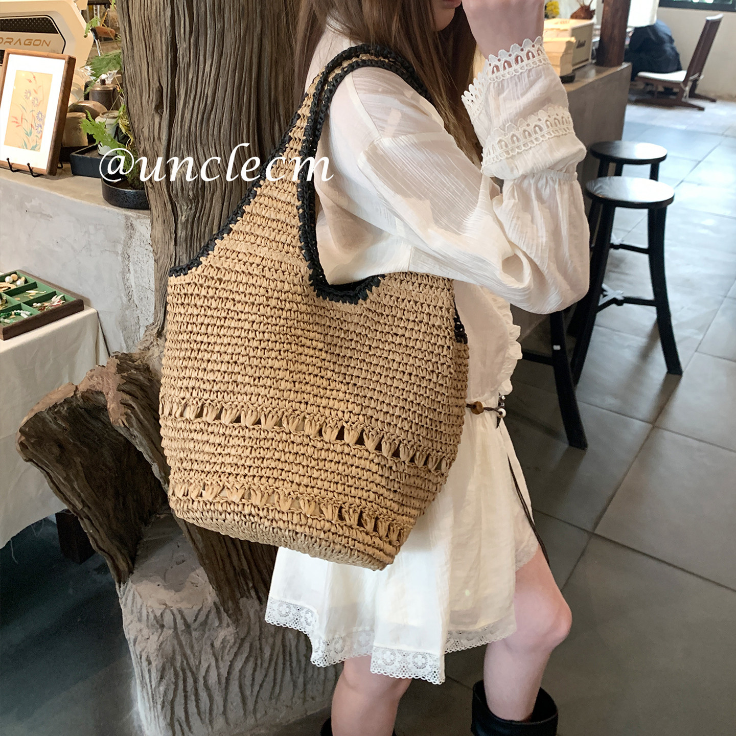 大容量海边度假风草编托特包女图片