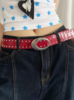美式y2k辣妹风铆钉腰带女2025新款鳄鱼纹高级感皮带配牛仔裤带潮
