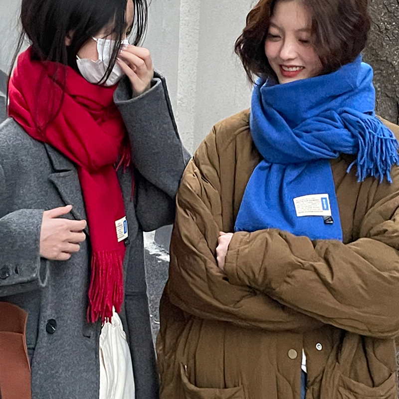 纯色2025新款围巾女生冬季保暖披肩两用仿羊绒保暖百搭围脖红蓝色