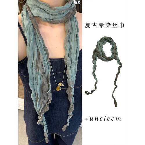 复古文艺风褶皱扎染长条丝巾女