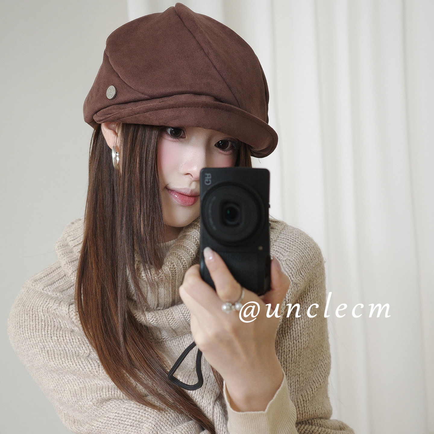 复古麂皮绒面褶皱翻檐贝雷帽子女高级感2026年早秋咖啡色八角帽潮