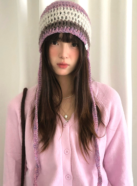 含羊毛韩系氛围感紫色条纹包头帽子女春秋甜美显脸小针织套头冷帽