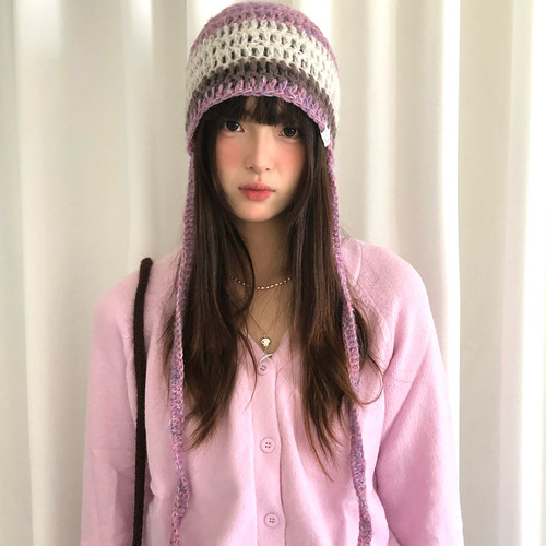 含羊毛韩系氛围感紫色条纹包头帽