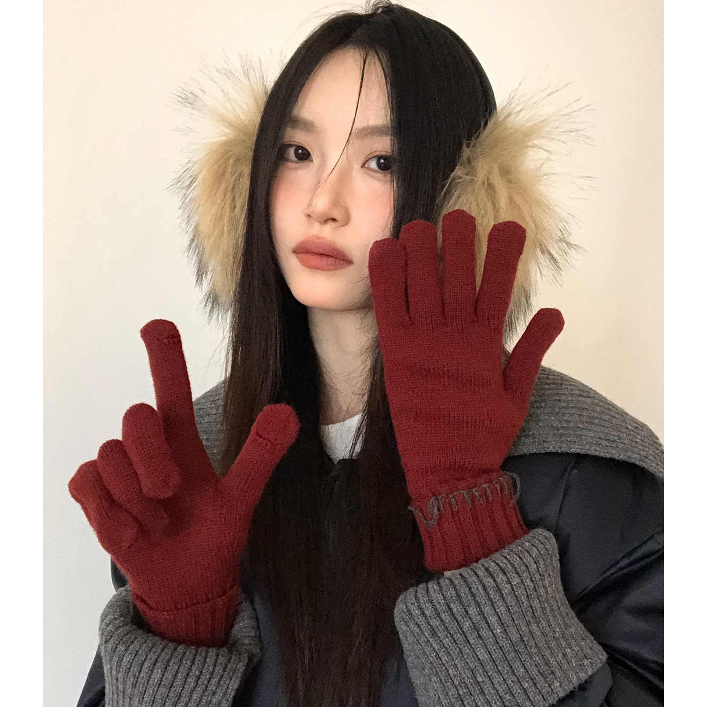 含羊毛新年红色针织手套女冬季可触屏保暖骑行户外防寒分指手套潮