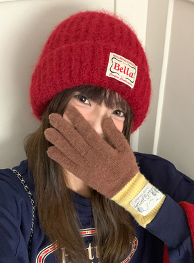 秋冬加厚保暖红色毛线帽子女韩版显脸小针织包头帽大头围护耳冷帽