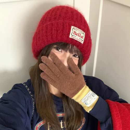 秋冬加厚保暖红色毛线帽子女