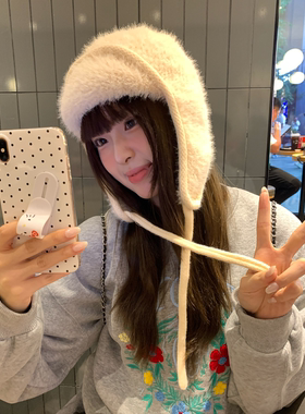 毛绒保暖护耳雷锋帽子女冬季加厚护耳毛线帽显脸小白色针织帽冬天