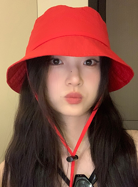 红色渔夫帽女韩版新款夏季休闲遮阳百搭显脸小户外防晒帽防风盆帽