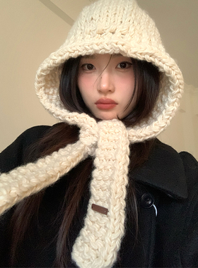 含羊毛手工针织白色巴拉克拉法帽子女款秋冬季护耳保暖包头毛线帽