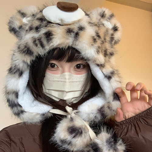冬季加厚保暖可爱小熊豹纹雷锋帽