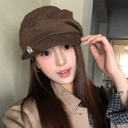 美拉德风麂皮绒面翻檐贝雷帽子