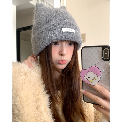 韩系可爱猫耳保暖毛线帽子女冬