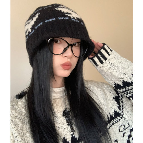 秋冬季复古撞色毛线帽保暖女