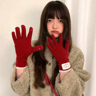 红色可触屏针织手套女秋冬季 防寒保暖骑行户外防风分指百搭潮 新款