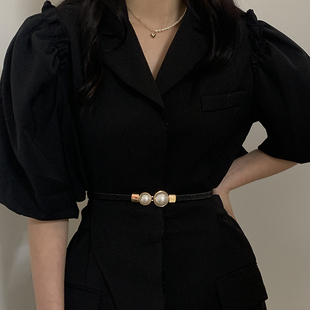 细皮带高级感黑色配饰潮腰链 饰珍珠收腰时尚 连衣裙法式 窄腰带女装