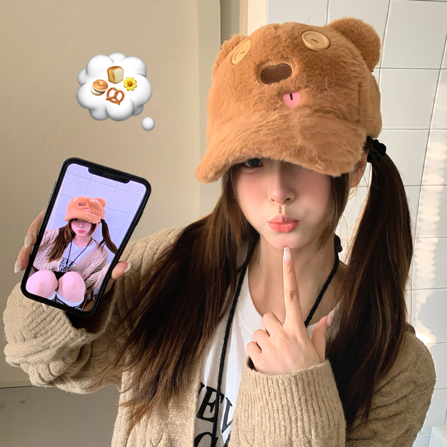 可爱卡通纽扣小熊耳朵毛绒鸭舌帽