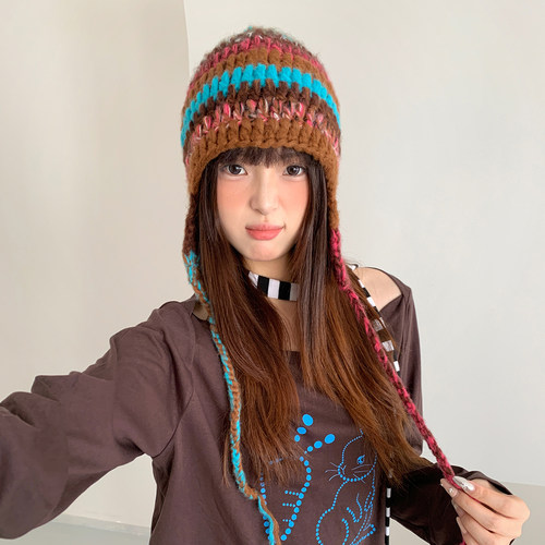 韩系复古撞色拼接护耳雷锋帽女