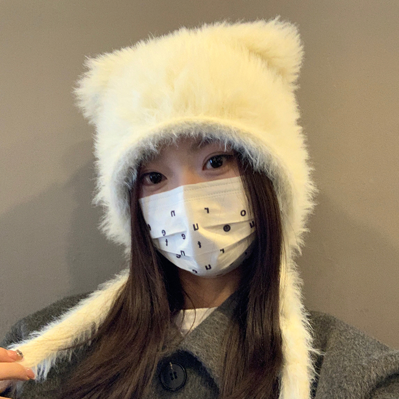 套头帽可爱女秋冬针织毛茸茸帽子