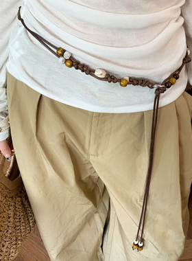 复古民族风波西米亚手工编织细腰绳女腰链串珠配裙子棕色腰带配饰