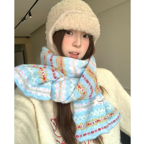 含羊毛费尔岛提花蓝色针织围巾女