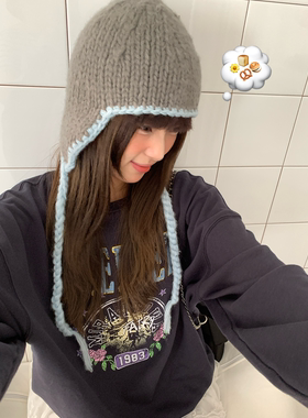 韩系撞色护耳灰色针织帽子女显脸小保暖飞行帽秋冬新款百搭雷锋帽