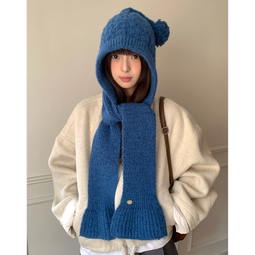 韩版蓝色针织巴拉克拉法帽女款冬