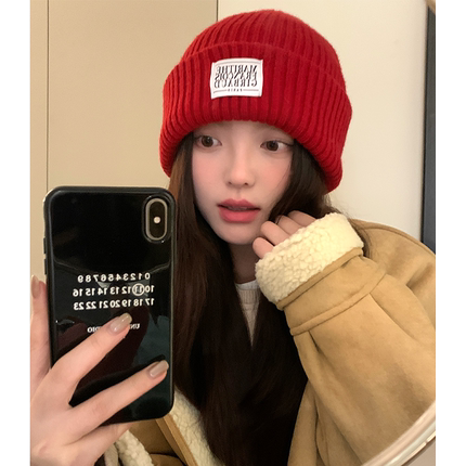 纯色毛线针织帽子女2025新款冬季韩版保暖护耳百搭大头围休闲冷帽