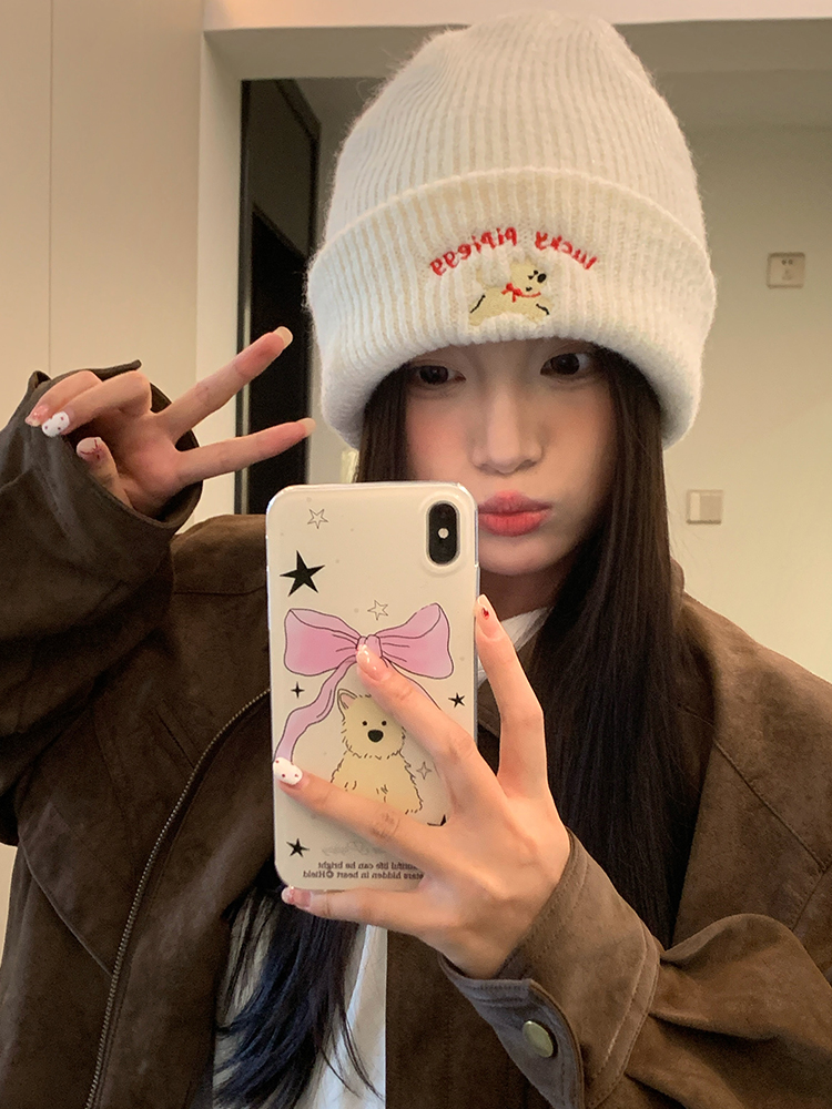 K-Style ins Cute Embroidered Knitted Woolen Hat for Women, Thickeneded and Warm, Autumn and Winter New Style, Face-Showing Small Toe Cap, White