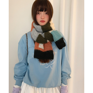 韩系氛围感含羊毛针织围巾女款 保暖百搭复古撞色条纹围脖防寒护颈