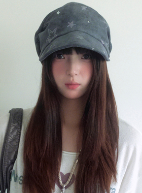 复古千禧风星星贝雷帽子女小众百搭显脸小云朵帽大头围八角画家帽