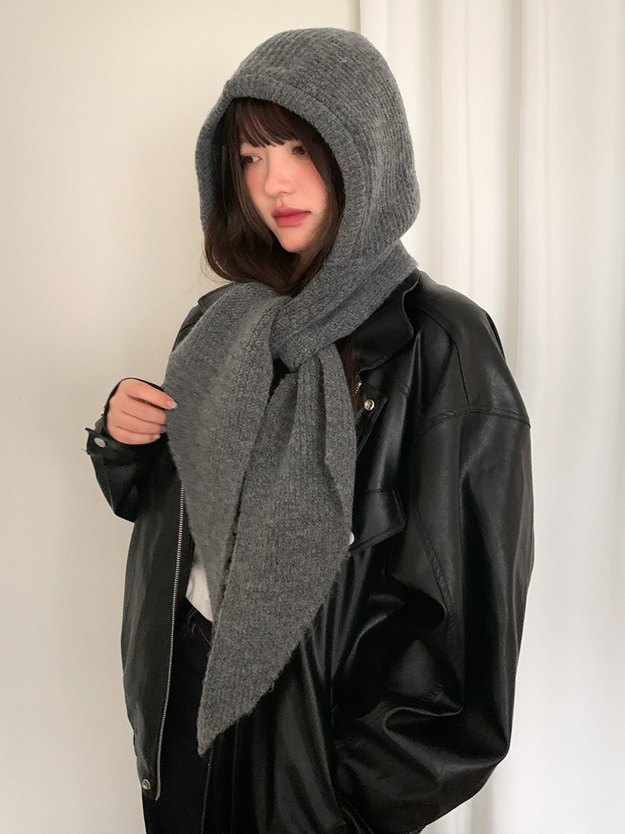 Wool Blend Autumn and Winter Hooded Scarf Integrated Warm Ear-Protecting Fashionable Knit Hat for Women with Neck Warmer Gray