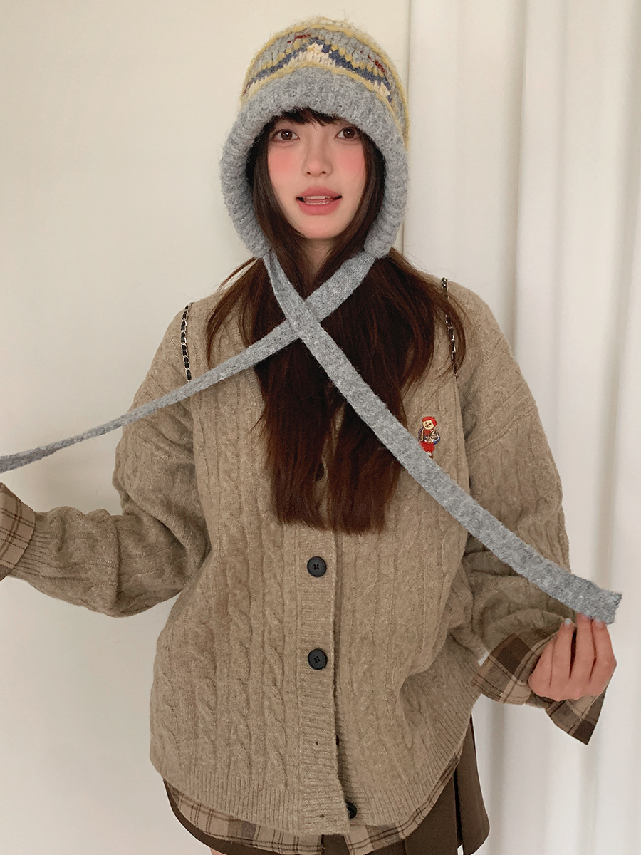 Retro Fair Isle Knitted Balaclava Women's Autumn and Winter Warm and Face-Showing Small Woolen Hat Gray