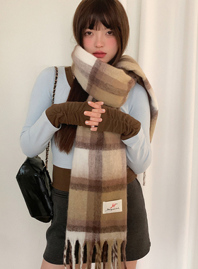 粉色韩系甜美氛围感格子围巾女款秋冬季保暖护颈防寒围脖百搭披肩