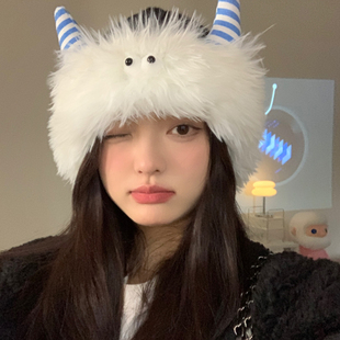 可爱搞怪毛绒针织帽子女2026新款 保暖护耳毛线帽护耳显脸小白 冬季