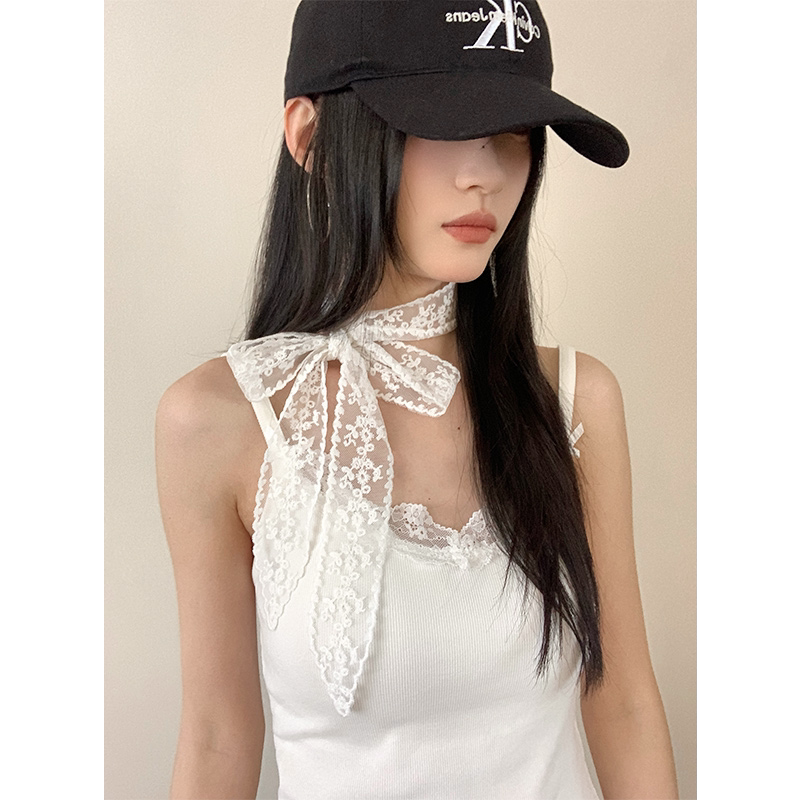 韩系氛围感白色蕾丝飘带女2025年新款长条丝巾气质颈带小围巾装饰