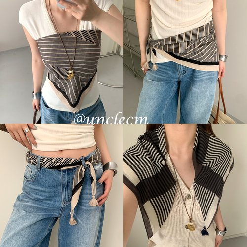 复古高级感条纹流苏大方巾屁帘女