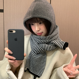 韩系条纹针织小围巾女款 氛围感防寒护颈围脖保暖高级感百搭潮 冬季