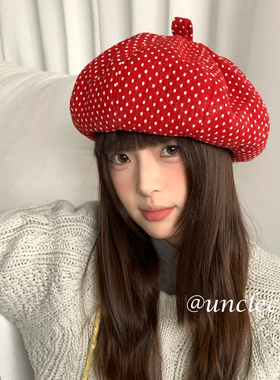 韩系高级感红色波点贝雷帽子女冬季大头围保暖八角帽显脸小报童帽