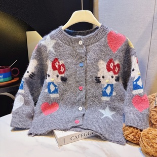 女童开衫毛衣春秋款2026中大童kt猫针织开衫洋气毛衣外套百搭上衣